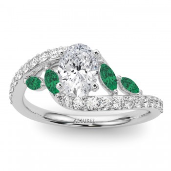 Swirl Design Diamond & Marquise Emerald Engagement Ring 14K White Gold (0.63ct)